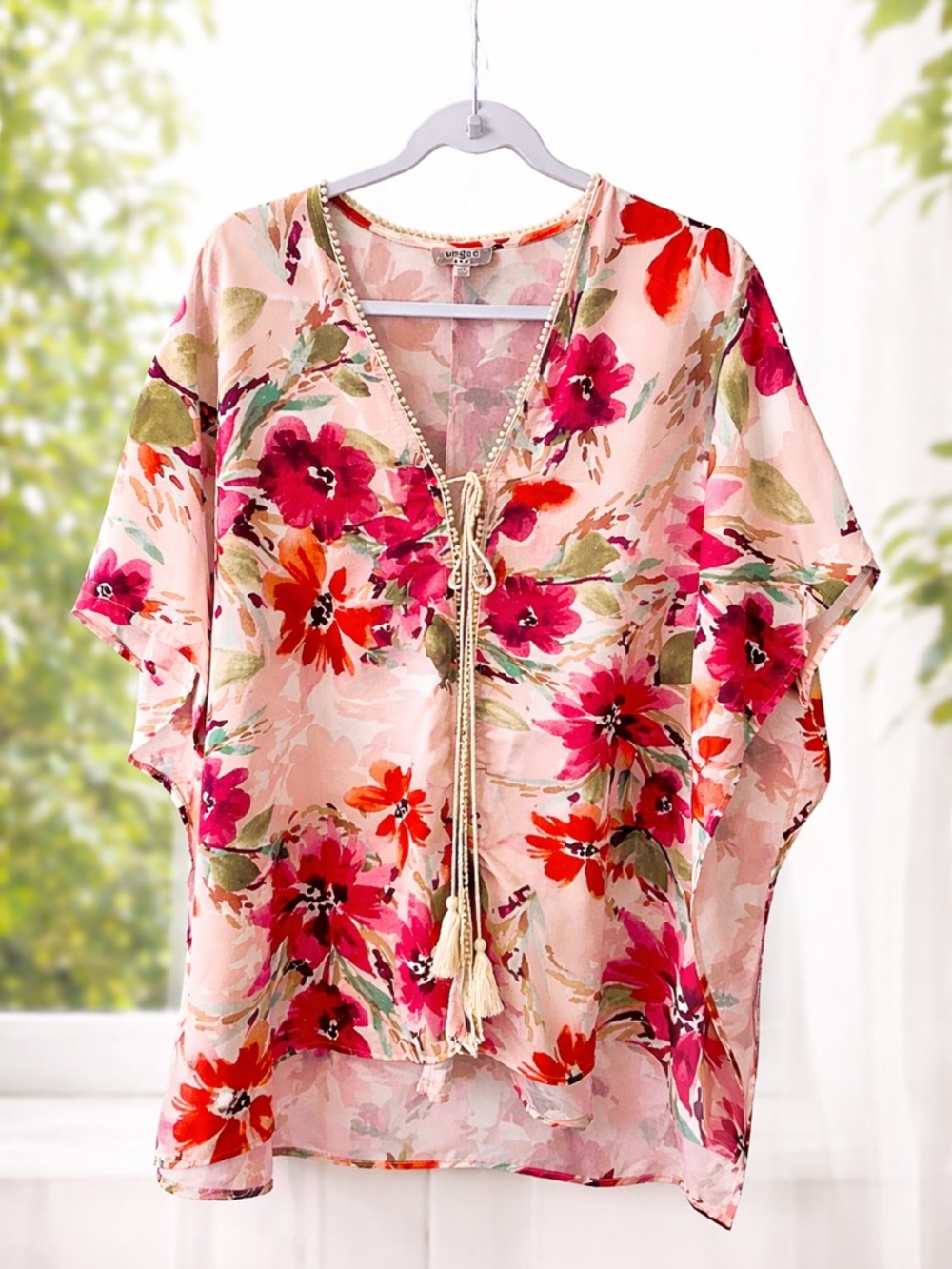 Umgee Floral Kimono Top M/L Pink Boho Tassel Tie Beach Coverup